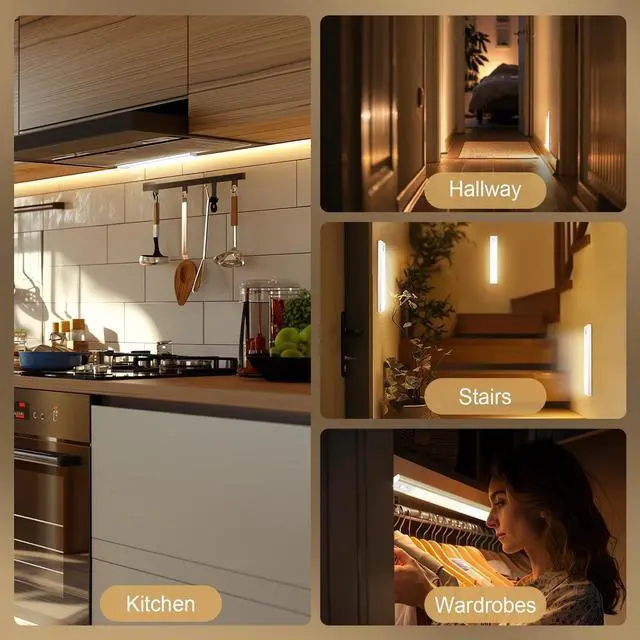 Alt view image 7 of 7 - Under Cabinet Lighting 3 Color Temperatures Motion Sensor Light Indoor USB Rechargeable Cabinet Lights LED Closet Lights Motion Sensored Wireless Under Counter Lights for Kitchen (2 Pack)