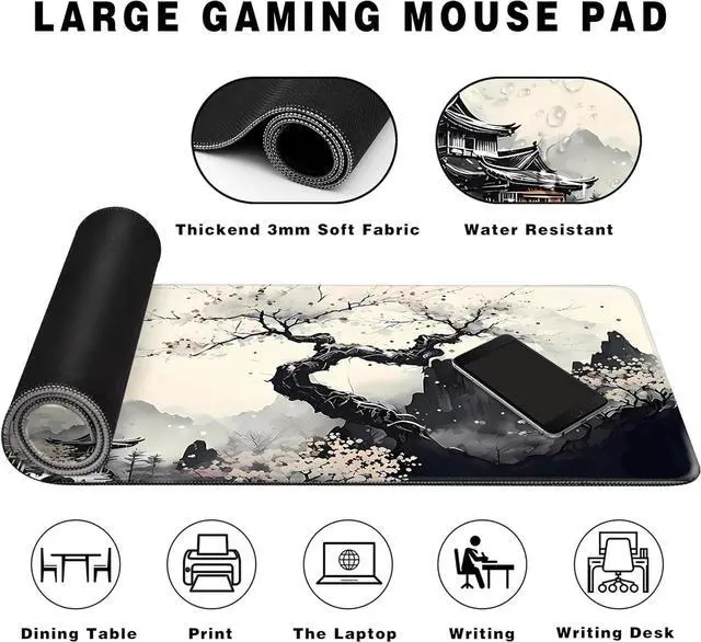 Alt view image 4 of 7 - Long Gaming Mouse Pad Extended Anime Large Desk Pad with Non-Slip Base Full Keyboard Mat with Stitched Edges for Gaming and Office 31.5 x 11.8 inches (Wash Painting)