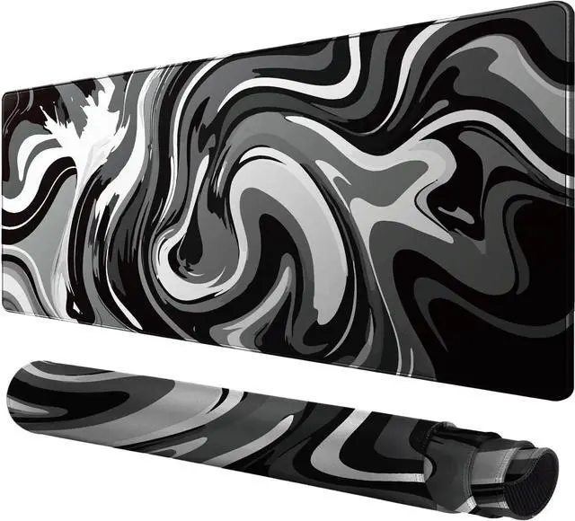 Main image of Large Gaming Mouse Pad - Black and White Mouse Pad with Stitched Edges Extended XL Mousepad with Anti-Slip Rubber Base Ink Liquid Wave Desk Mat for Keyboard and Mouse(31.5x15.8 inch)