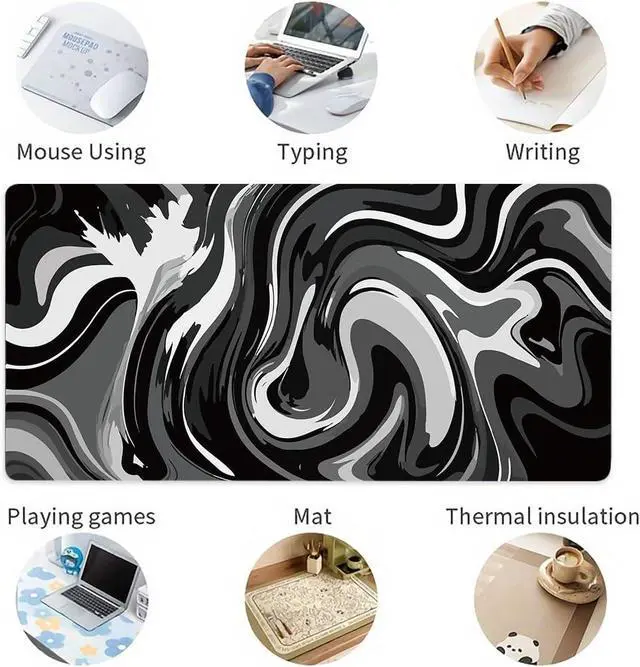 Alt view image 5 of 7 - Large Gaming Mouse Pad - Black and White Mouse Pad with Stitched Edges Extended XL Mousepad with Anti-Slip Rubber Base Ink Liquid Wave Desk Mat for Keyboard and Mouse(31.5x15.8 inch)