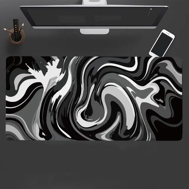 Alt view image 7 of 7 - Large Gaming Mouse Pad - Black and White Mouse Pad with Stitched Edges Extended XL Mousepad with Anti-Slip Rubber Base Ink Liquid Wave Desk Mat for Keyboard and Mouse(31.5x15.8 inch)