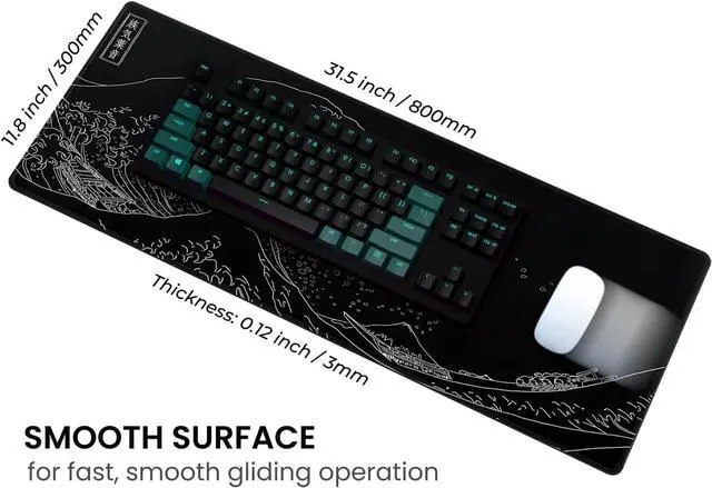 Alt view image 4 of 7 - Long Gaming Mouse Pad 31.5 x 11.8 inches Extended Anime Mousepad Large Mouse Mat with Non-Slip Base Full Keyboard Mat with Stitched Edges for Gaming and Office (Black Wave)