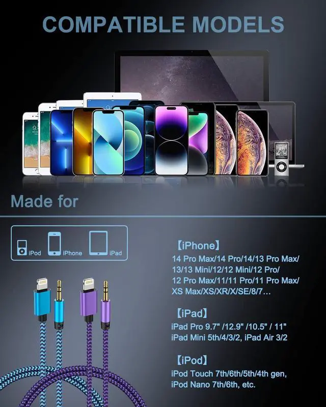 Alt view image 7 of 7 - [2Pack/3.3ft] Lightning to 3.5mm iPhone Aux Cord [ Mfi Certified] iPhone Aux Audio Cable for Car Home Stereo Speaker Headphone Compatible with iPhone 14 13 12 11 Pro Max Mini XR XS 8 iPad iPod