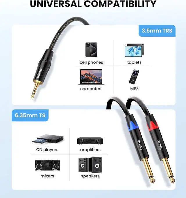 Alt view image 3 of 7 - 1/8 to 1/4 Stereo Cable 1/8 Inch TRS Stereo to Dual 1/4 inch TS Mono Y-Splitter Cable 3.5mm Aux Mini Jack to Jack Breakout Cord - 3.3 feet