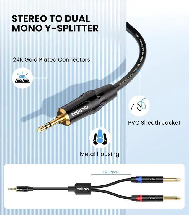 Alt view image 4 of 7 - 1/8 to 1/4 Stereo Cable 1/8 Inch TRS Stereo to Dual 1/4 inch TS Mono Y-Splitter Cable 3.5mm Aux Mini Jack to Jack Breakout Cord - 3.3 feet