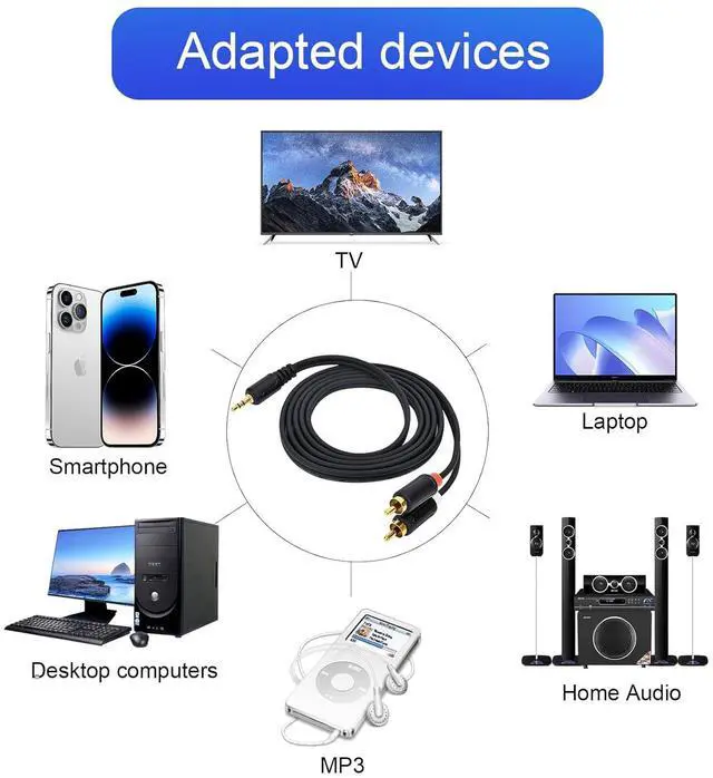 Alt view image 5 of 7 - RCA Cables - 59IN/5FT Stereo Jack to 2RCA Plugs for Smartphone Tablet HDTV DVD Player Home Theater Speakers Projector