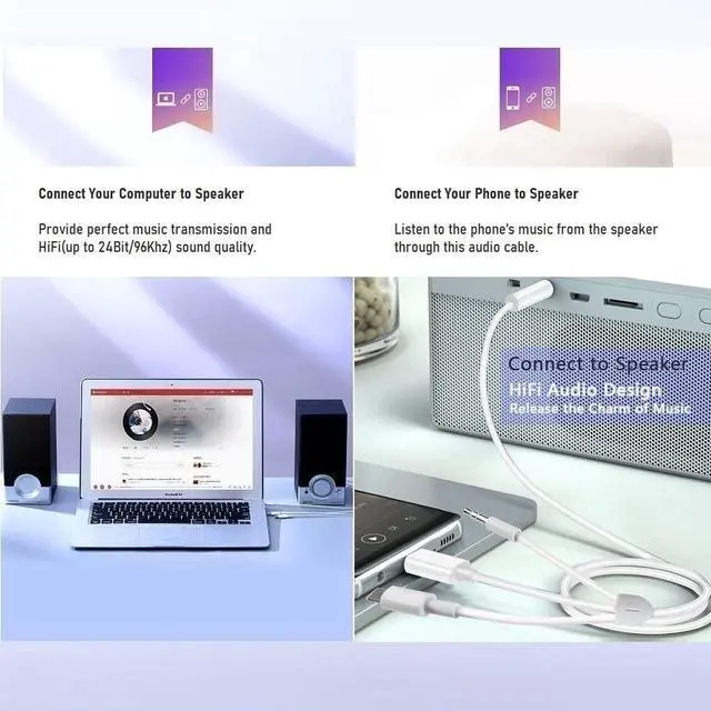 Alt view image 4 of 7 - [3in1] USB C to 3.5mm Audio Aux Jack Cable Compatible with iPhone 15 14 13 12 11 XS XR X 8 7 iPad Pro  Galaxy S23 S22 S21 Ultra etc Work with Car Stereo Headset Speaker - 3.93ft White