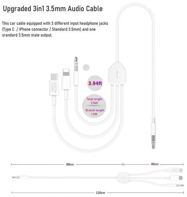 Alt view image 6 of 7 - [3in1] USB C to 3.5mm Audio Aux Jack Cable Compatible with iPhone 15 14 13 12 11 XS XR X 8 7 iPad Pro  Galaxy S23 S22 S21 Ultra etc Work with Car Stereo Headset Speaker - 3.93ft White