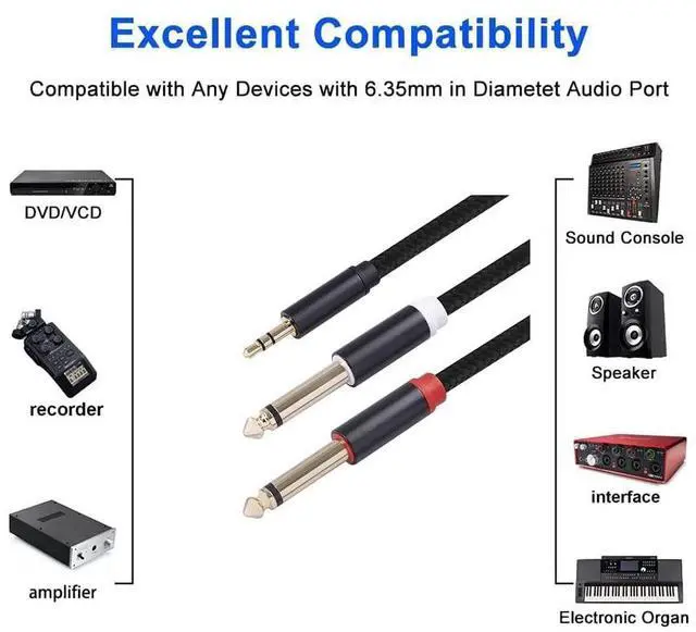 Alt view image 4 of 7 - 3.5mm to Dual 1/4 Adapter 1/8 to 6.35mm TS Mono Audio Cable Stereo Breakout Cord Y Splitter Compatible with iPhone iPod Computer Sound Card Headphone Speaker Home Stereo System (3.3FT/1Pack)