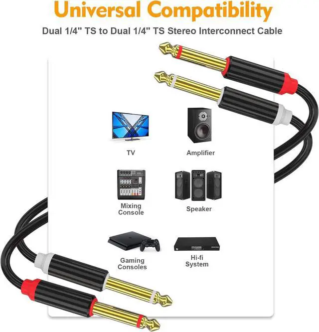 Alt view image 2 of 6 - Dual 1/4 inch TS to Dual 1/4 inch TS Stereo Interconnect Insert Cable PVC Jacket Gold-Plated Plug Double Shielding Cable 3.3 Feet