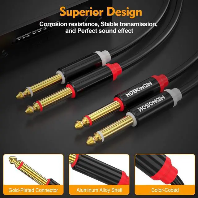 Alt view image 3 of 6 - Dual 1/4 inch TS to Dual 1/4 inch TS Stereo Interconnect Insert Cable PVC Jacket Gold-Plated Plug Double Shielding Cable 3.3 Feet