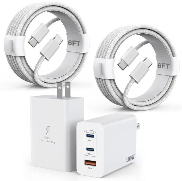 Main image of 100W USB C Charger 2Pack 140W USB C to USB C Woven Cable 6FT Braided Cord 100W USBC Mac Book Pro Charger Block 6Foot Super Fast  Charging 3Port PD&AC Charge for MacBook Pro/iPhone 16/15/iPad Pro