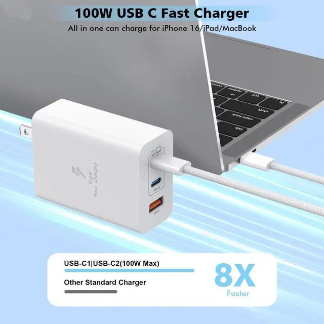 Alt view image 2 of 7 - 100W USB C Charger 2Pack 140W USB C to USB C Woven Cable 6FT Braided Cord 100W USBC Mac Book Pro Charger Block 6Foot Super Fast  Charging 3Port PD&AC Charge for MacBook Pro/iPhone 16/15/iPad Pro