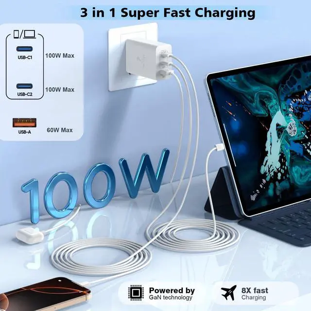 Alt view image 3 of 7 - 100W USB C Charger 2Pack 140W USB C to USB C Woven Cable 6FT Braided Cord 100W USBC Mac Book Pro Charger Block 6Foot Super Fast  Charging 3Port PD&AC Charge for MacBook Pro/iPhone 16/15/iPad Pro