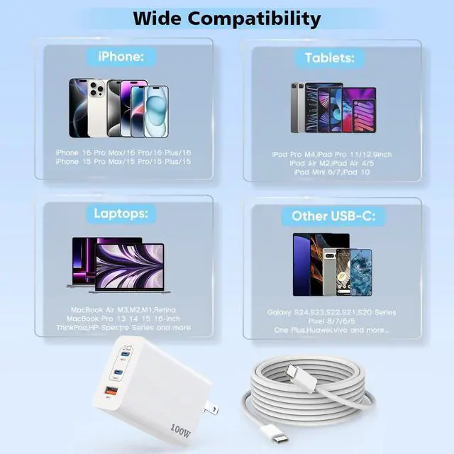 Alt view image 5 of 7 - 100W USB C Charger 2Pack 140W USB C to USB C Woven Cable 6FT Braided Cord 100W USBC Mac Book Pro Charger Block 6Foot Super Fast  Charging 3Port PD&AC Charge for MacBook Pro/iPhone 16/15/iPad Pro