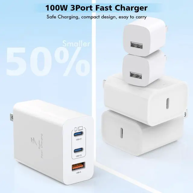 Alt view image 6 of 7 - 100W USB C Charger 2Pack 140W USB C to USB C Woven Cable 6FT Braided Cord 100W USBC Mac Book Pro Charger Block 6Foot Super Fast  Charging 3Port PD&AC Charge for MacBook Pro/iPhone 16/15/iPad Pro