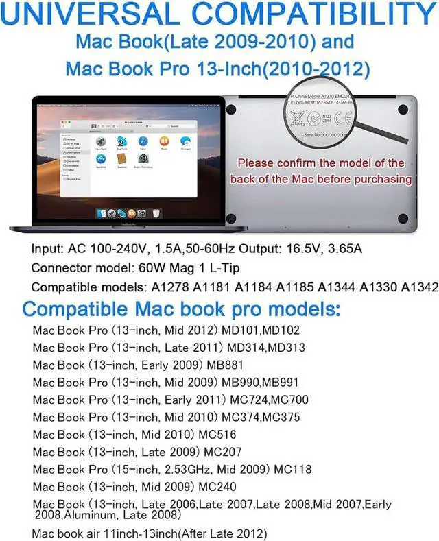 Alt view image 2 of 3 - Mac Book Pro Charger 60W Power L-Tip Magnetic Connector Charger Adapter and Compatible withFast for Old 13 Inch Before Mid 2012