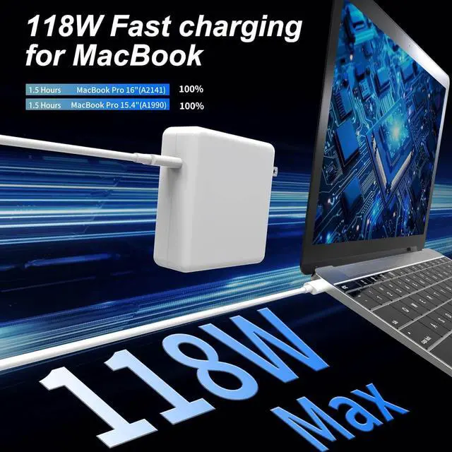Alt view image 2 of 7 - Mac Book Pro Charger - 118W USB C Laptop Charger Power Adapter Fit MacBook Air 13 14 15 16 inch MacBook Pro M1 M2 M3 M4 iPad Pro and All Type C Port Devices 6.6 Ft USB C to C Cable
