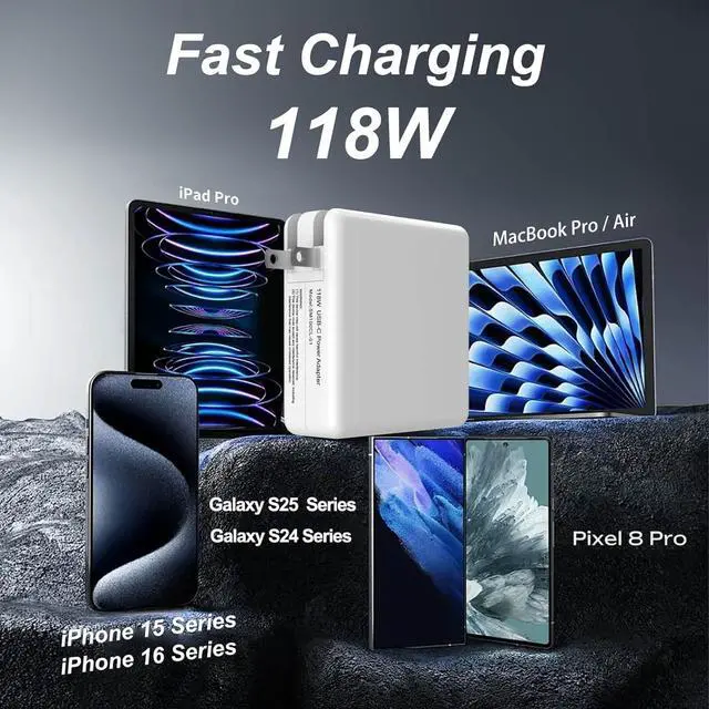 Alt view image 5 of 7 - Mac Book Pro Charger - 118W USB C Laptop Charger Power Adapter Fit MacBook Air 13 14 15 16 inch MacBook Pro M1 M2 M3 M4 iPad Pro and All Type C Port Devices 6.6 Ft USB C to C Cable