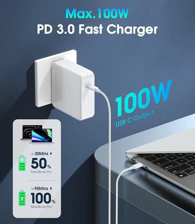 Alt view image 2 of 7 - Mac Book Pro Charger 100W USB C Charger Fast Charger Compatible with USB C Port MacBook Pro/MacBook Air 16 15 14 13 Inch ipad Pro iPhone  Galaxy and All USB C Device