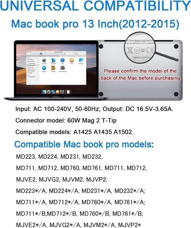 Alt view image 2 of 5 - Mac Book Pro Charger Replacement for 60W 2T-Tip Charger Compatible with Mac Book Pro Mac Air 11 inch & 13 inch Between 2012-2017