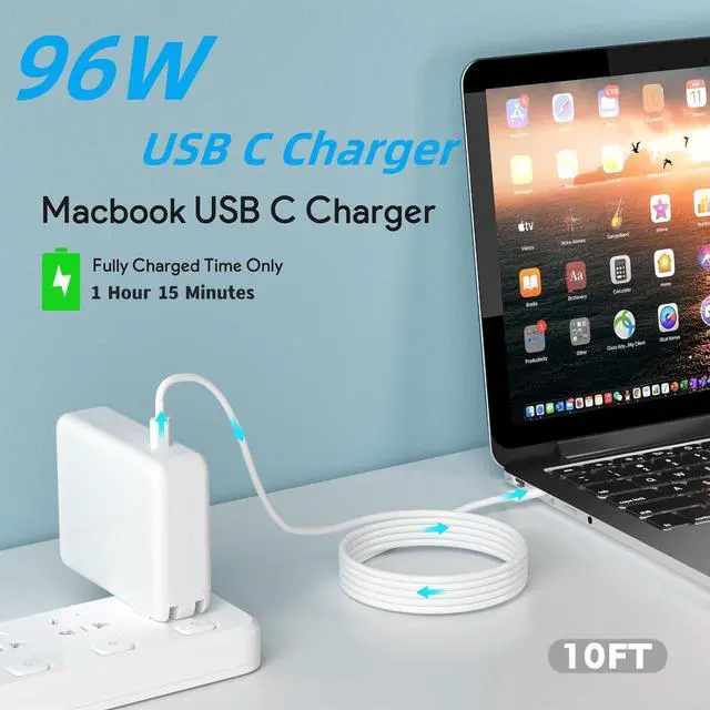 Alt view image 2 of 7 - Mac Book Charge,Mac Book Air/Pro Charger,96W USB C Fast Power Adapter with 10Ft 140W USB C-C Cable Apple MacBook Charger Compatible with MacBook Pro 16,15,14,13 inch 24/23/22/21/20, M1 M2 M3,iPad Pro