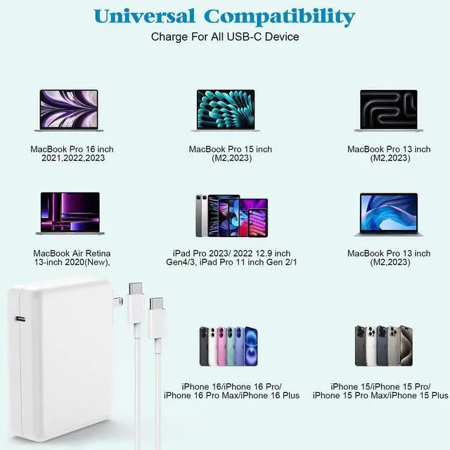 Alt view image 7 of 7 - Mac Book Charge,Mac Book Air/Pro Charger,96W USB C Fast Power Adapter with 10Ft 140W USB C-C Cable Apple MacBook Charger Compatible with MacBook Pro 16,15,14,13 inch 24/23/22/21/20, M1 M2 M3,iPad Pro