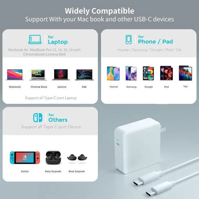 Alt view image 6 of 7 - Compatible with MacBook Pro Charger 100W Replacement Charger for i.Phone 16/15 MacBook Pro16 15 14 13 inch MacBook 12 Inch MacBook Air 13 Inch iPad Pro and Other USB C Interface Devices