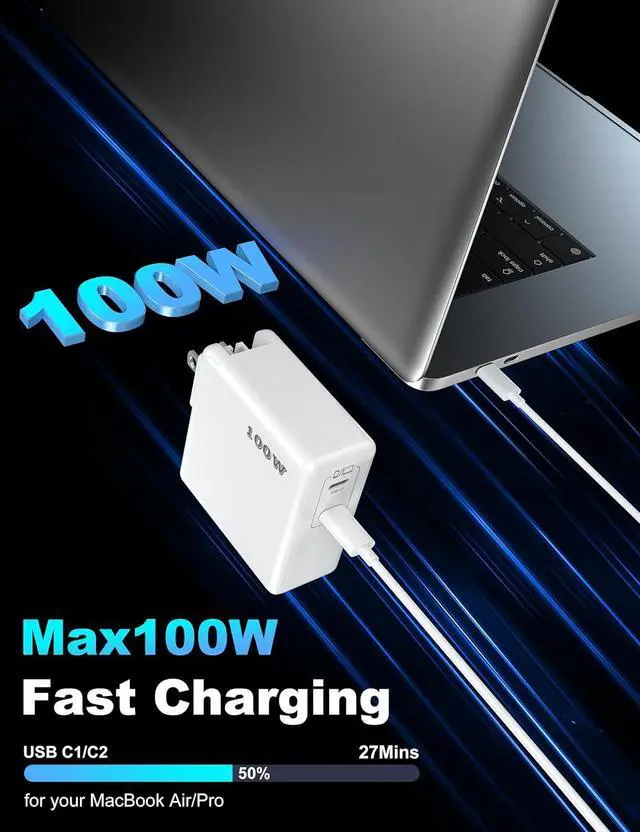 Alt view image 3 of 7 - Mac Book Pro Charger 100W USB C Fast Charger for MacBook Pro/MacBook Air 16 15 14 13 Inch iPad Pro iPhone 16/15 Pro and All USBC Devices GaN Foldable Power Adapter with 10 FT USB C Charge Cable