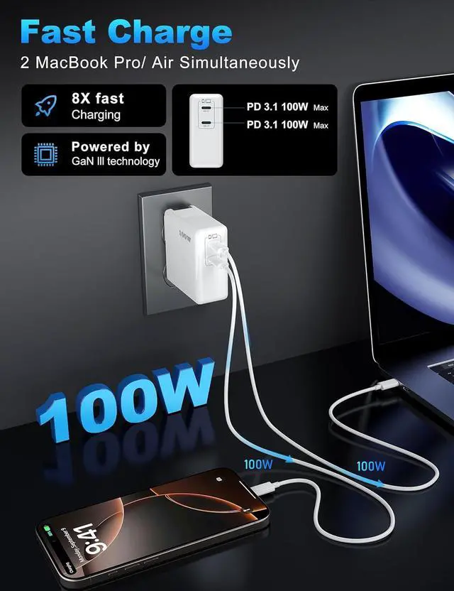 Alt view image 4 of 7 - Mac Book Pro Charger 100W USB C Fast Charger for MacBook Pro/MacBook Air 16 15 14 13 Inch iPad Pro iPhone 16/15 Pro and All USBC Devices GaN Foldable Power Adapter with 10 FT USB C Charge Cable