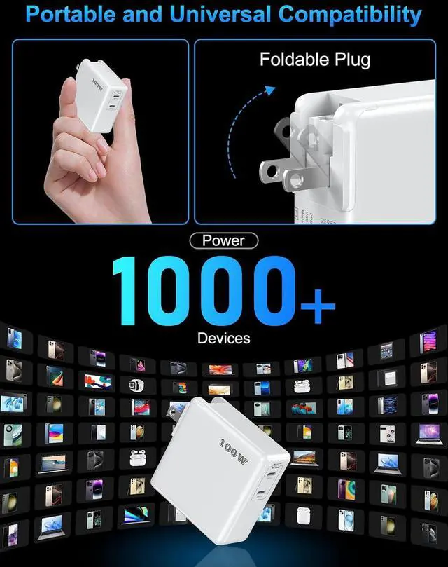 Alt view image 6 of 7 - Mac Book Pro Charger 100W USB C Fast Charger for MacBook Pro/MacBook Air 16 15 14 13 Inch iPad Pro iPhone 16/15 Pro and All USBC Devices GaN Foldable Power Adapter with 10 FT USB C Charge Cable