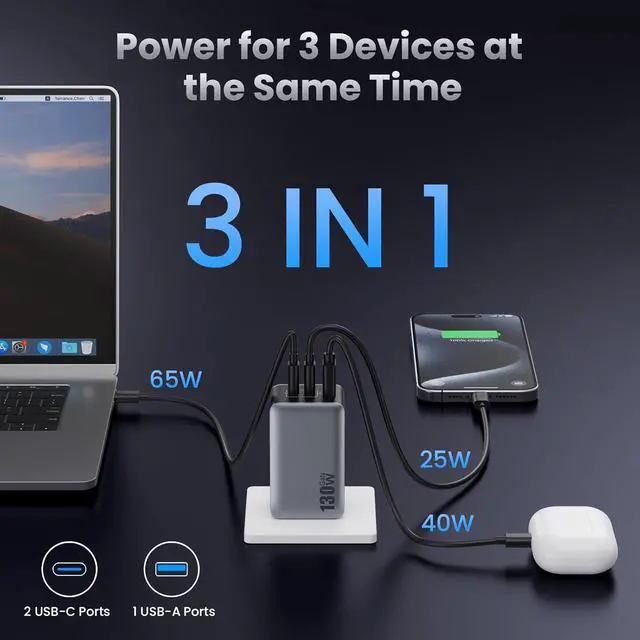 Alt view image 2 of 7 - USB C Charger Block 130W GaN 3-Port Compact Wall Charger Foldable Fast Charging Station PD 65W USB C Laptop Charging Adapter for MacBook Pro/Air  XPS iPhone 16/15/14/13 iPad Pro Android etc