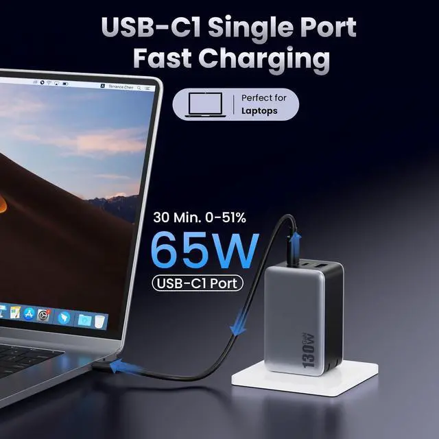 Alt view image 4 of 7 - USB C Charger Block 130W GaN 3-Port Compact Wall Charger Foldable Fast Charging Station PD 65W USB C Laptop Charging Adapter for MacBook Pro/Air  XPS iPhone 16/15/14/13 iPad Pro Android etc