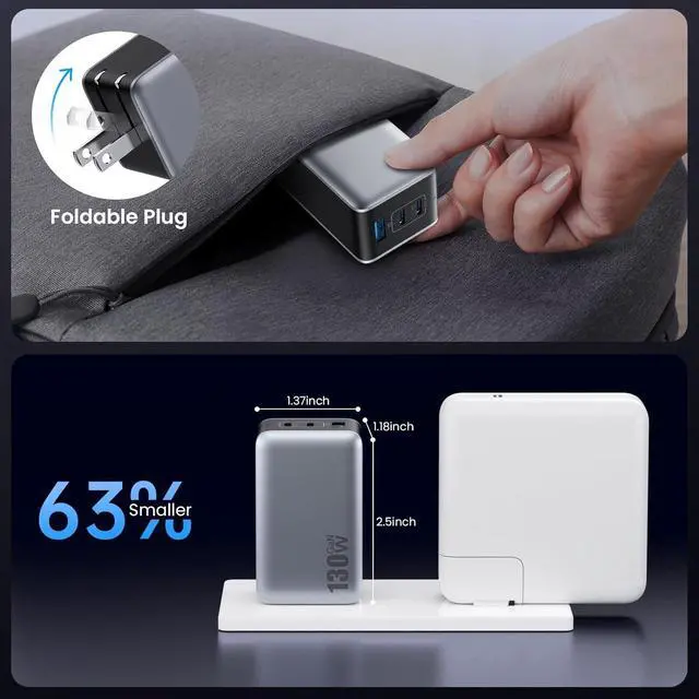 Alt view image 6 of 7 - USB C Charger Block 130W GaN 3-Port Compact Wall Charger Foldable Fast Charging Station PD 65W USB C Laptop Charging Adapter for MacBook Pro/Air  XPS iPhone 16/15/14/13 iPad Pro Android etc