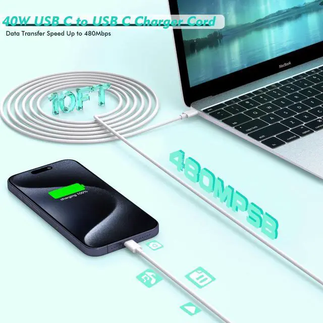 Alt view image 3 of 7 - 10ft MacBook Pro Charger - 118W USB C Fast Charging Adapter Compatible with MacBook Pro & MacBook Air 13, 14, 15, 16 inch, iPad Pro and All USB C Devices Include Charge Cable