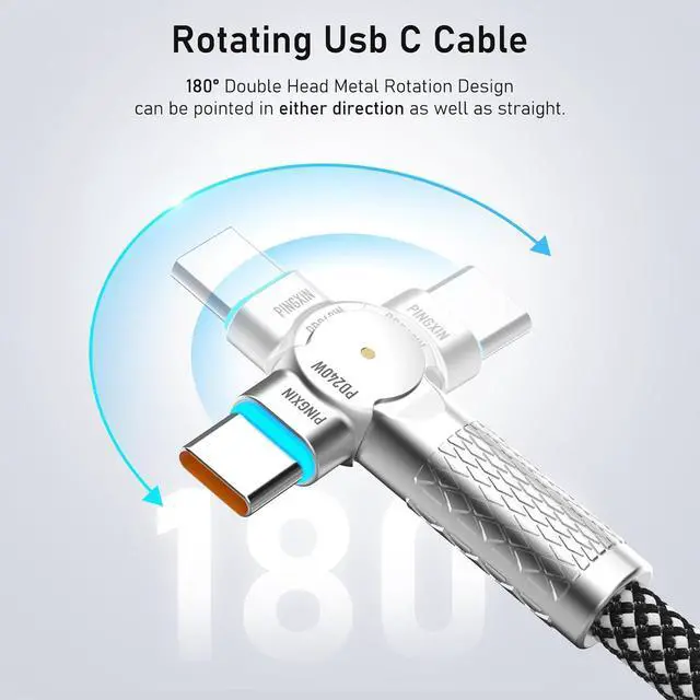 Alt view image 3 of 7 - USB C to USB C Cable 10FT 240W 180°Rotating USB C Cable Braided Type C Charger Cable Fast Charge for iPhone 16/16Pro/16Plus/16ProMax MacBook Air iPad Pro Pixel  Galaxy S23/S24 Ultra-Black