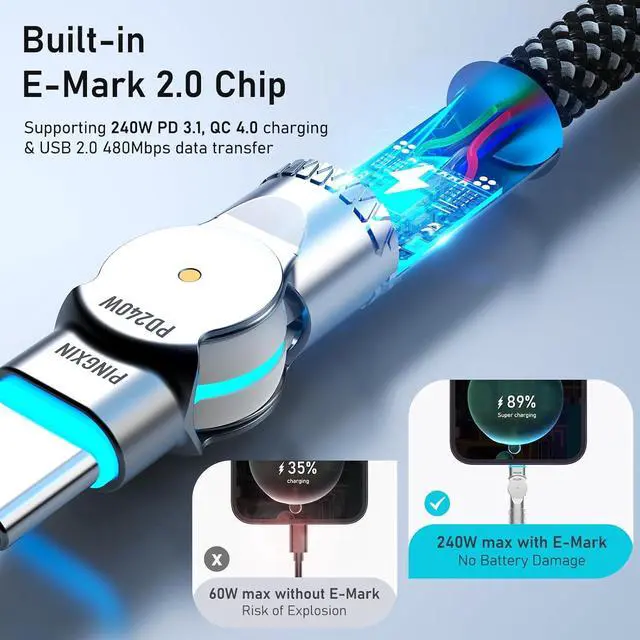 Alt view image 4 of 7 - USB C to USB C Cable 10FT 240W 180°Rotating USB C Cable Braided Type C Charger Cable Fast Charge for iPhone 16/16Pro/16Plus/16ProMax MacBook Air iPad Pro Pixel  Galaxy S23/S24 Ultra-Black