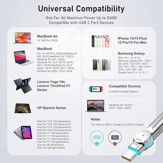 Alt view image 7 of 7 - USB C to USB C Cable 10FT 240W 180°Rotating USB C Cable Braided Type C Charger Cable Fast Charge for iPhone 16/16Pro/16Plus/16ProMax MacBook Air iPad Pro Pixel  Galaxy S23/S24 Ultra-Black