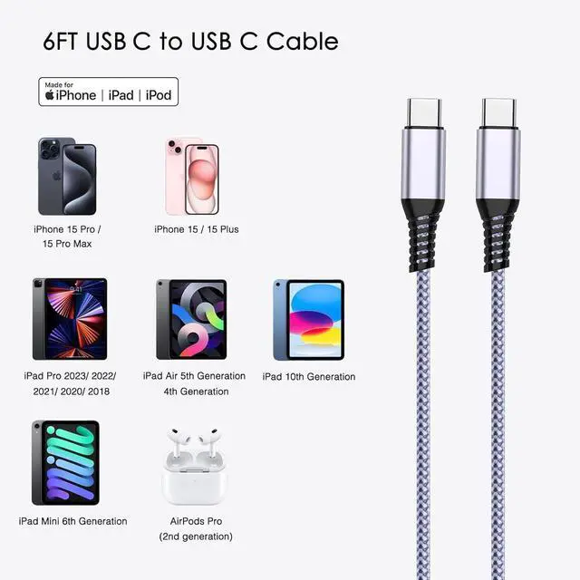 Alt view image 6 of 7 - [3 Pack 6FT] USB C to Type C Cable  MFi Certified iPhone 16 Fast Charger Fast Charging Nylon Braided Type c to USB C Cable for iPhone 16/16 Pro/15 Pro Max/15 Plus iPad Pro Air mini Airpods
