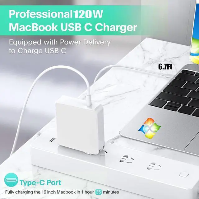 Alt view image 3 of 7 - Mac Book Pro Charger - 120W USB C Charger Fast Charger for MacBook Pro & MacBook Air M2 M2 iPad Pro  Galaxy 6.7ft USB-C to C Cable Included