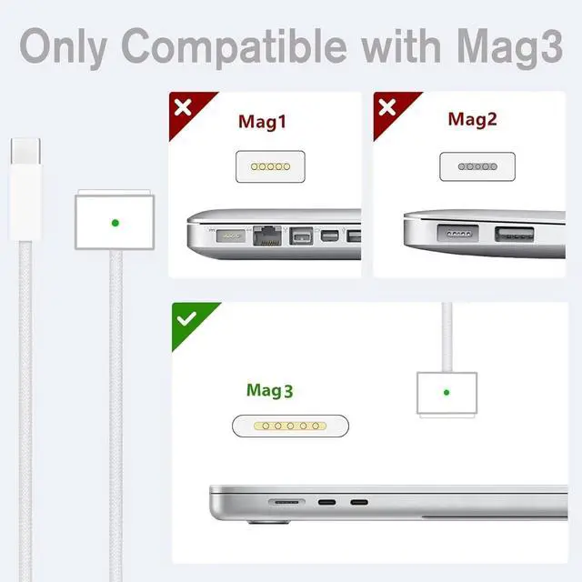 Alt view image 2 of 7 - 96W 70W USB-C to Mag 3 Charger for Mac Book Pro Air 16 15 14 13 Inch M4 M3 M2 M1 from 2025 2024 2023 2022 2021 as Original Quality with 6.6ft USBC to 3 Cable Compatible with All USB C Power Adapter
