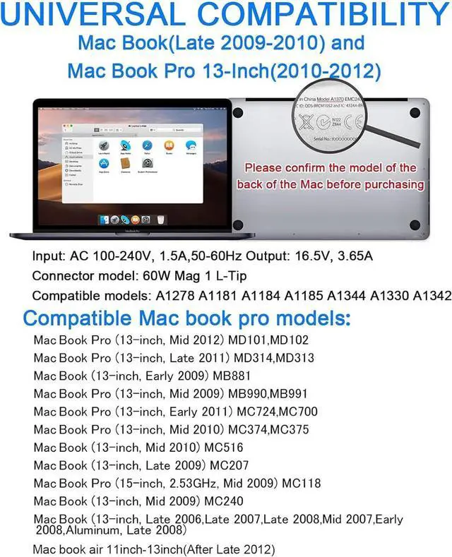 Alt view image 2 of 7 - Universal Charger 60W L-Tip Laptop Charger Compatible with Mac Book Pro Before Mid 2012 Magnetic Powerful Connect Original Quality