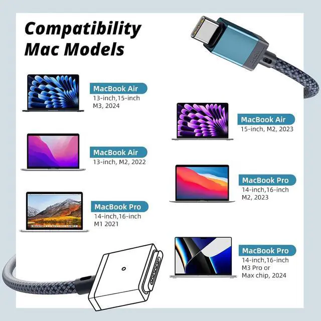 Alt view image 2 of 6 - 140W USB-C to Magnetic 3 Cable for MacBook Power Adapter Nylon Braided Safe 3 Cable Compatible with MacBook Air 2024 M3 Pro & Max 13 15 MacBook Pro 2021 2023 14 16 MacBook Air 2022 2023 6.6ft