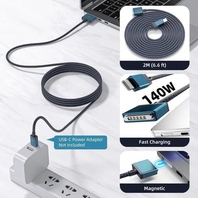 Alt view image 5 of 6 - 140W USB-C to Magnetic 3 Cable for MacBook Power Adapter Nylon Braided Safe 3 Cable Compatible with MacBook Air 2024 M3 Pro & Max 13 15 MacBook Pro 2021 2023 14 16 MacBook Air 2022 2023 6.6ft