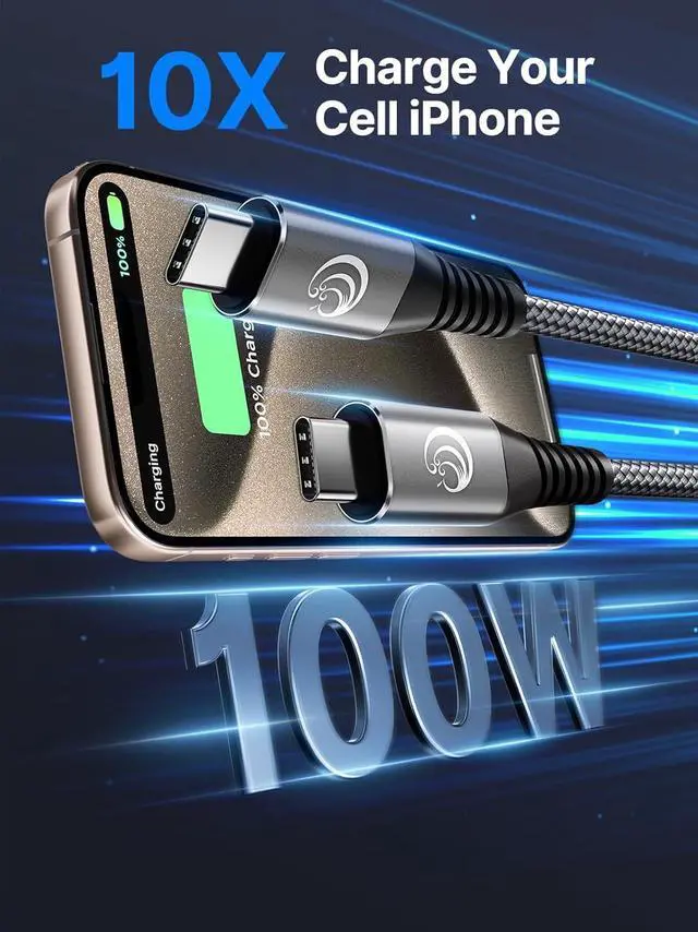 Alt view image 2 of 7 - USBC to USBC 100W [10ft/2 Pack] USB C to USB C Fast Charging Cable Braided C to C Charger Cord 5A for MacBook Pro/Air iPhone 15 Pro Max Plus iPad Pro  Galaxy S24 Ultra S23 Pixel PS5 Switch