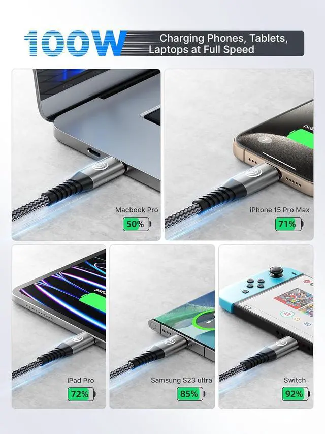 Alt view image 3 of 7 - USBC to USBC 100W [10ft/2 Pack] USB C to USB C Fast Charging Cable Braided C to C Charger Cord 5A for MacBook Pro/Air iPhone 15 Pro Max Plus iPad Pro  Galaxy S24 Ultra S23 Pixel PS5 Switch