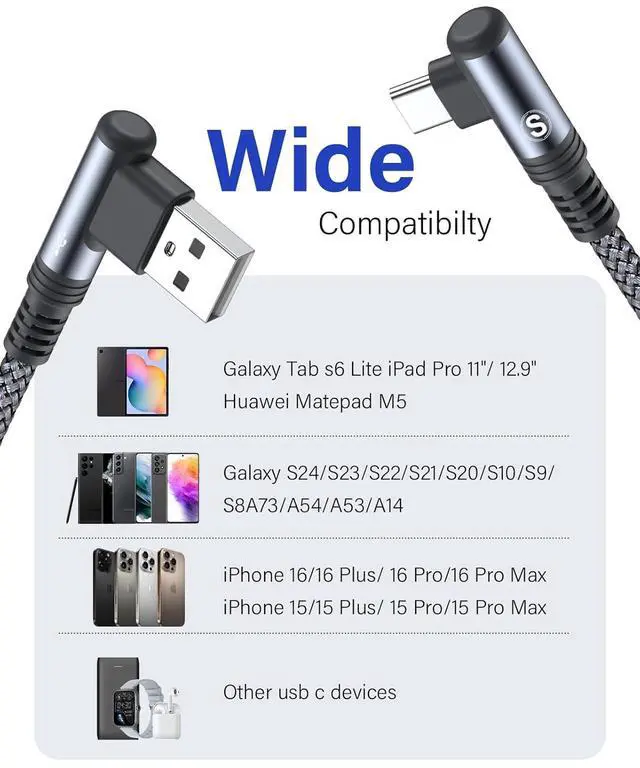 Alt view image 3 of 7 - iPhone 16 Charger USB to Type C Cable Double Right Angle [2-Pack 3.3FT] Fast Charging Cord for iPhone 16 15 Pro Max Plus  Galaxy S25 S24 S23 S22 S21 S20 A54 A15 Note Flip LG Pixel Moto