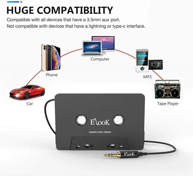 Alt view image 3 of 6 - Car Cassette Aux Adapter 3.5mm Universal Audio Cable Tape Adapter for Car Phone MP3 ect. Black