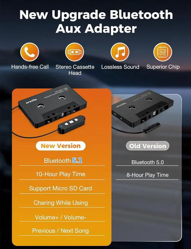 Alt view image 2 of 7 - 5.1 Bluetooth Cassette Adapter Car Audio Bluetooth Cassette Receiver Cassette Bluetooth Adapter for Car Support Micro SD Card Hands-Free Call Black Type BCA02