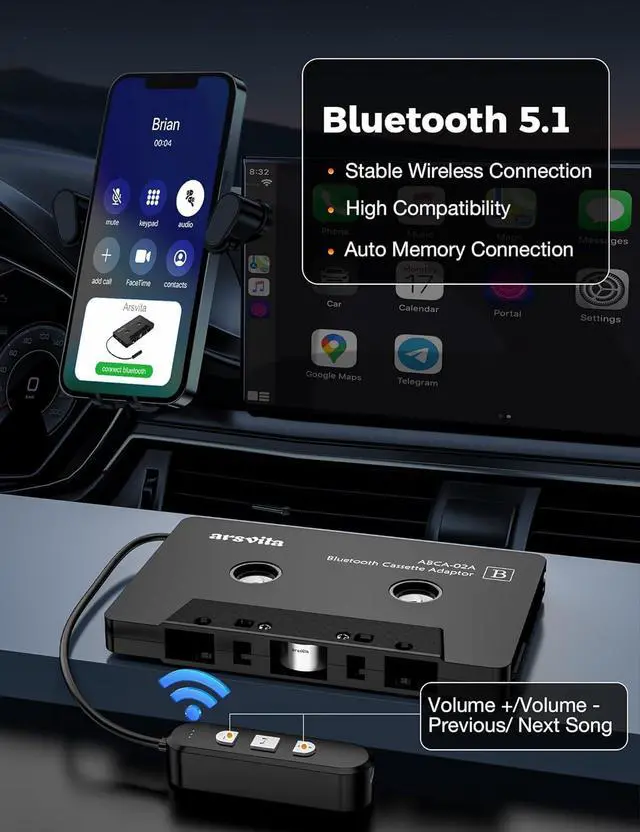 Alt view image 4 of 7 - 5.1 Bluetooth Cassette Adapter Car Audio Bluetooth Cassette Receiver Cassette Bluetooth Adapter for Car Support Micro SD Card Hands-Free Call Black Type BCA02
